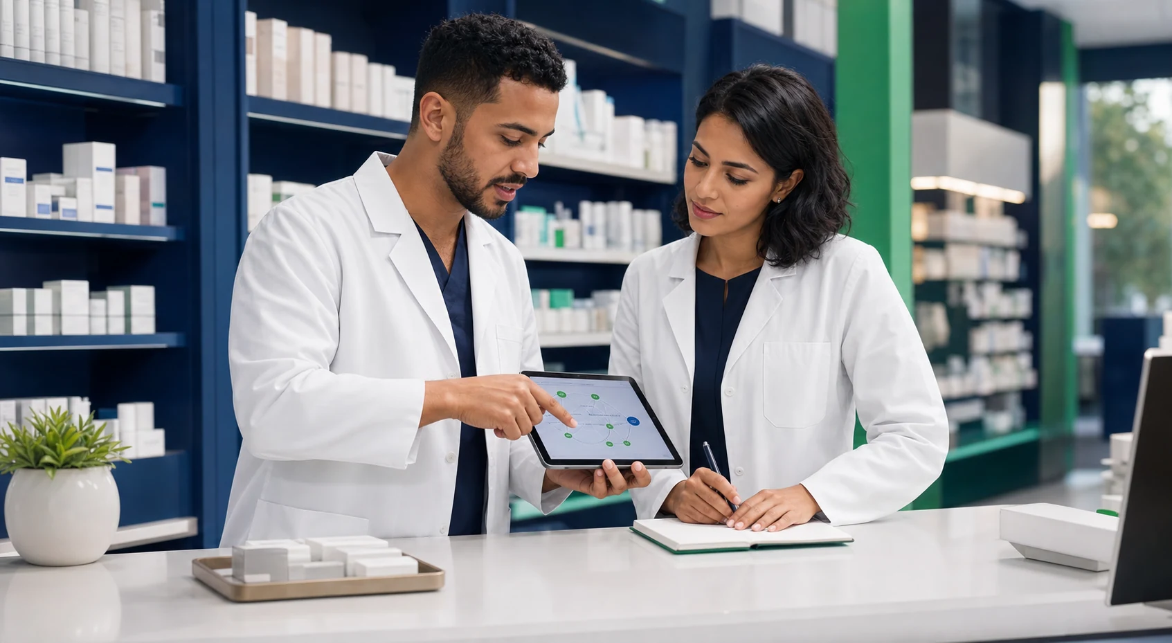 Un pharmacien et une pharmacienne discutent d’un raisonnement clinique au comptoir