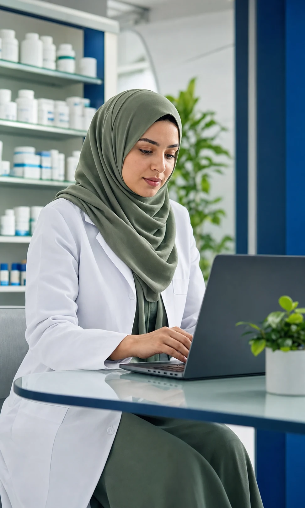 Une pharmacienne portant le hijab suit une formation sur ordinateur portable