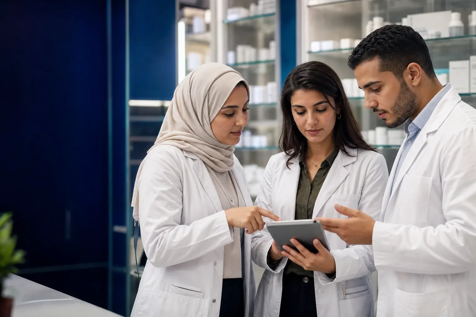 Deux pharmaciennes et un pharmacien étudient un cas clinique sur une tablette
