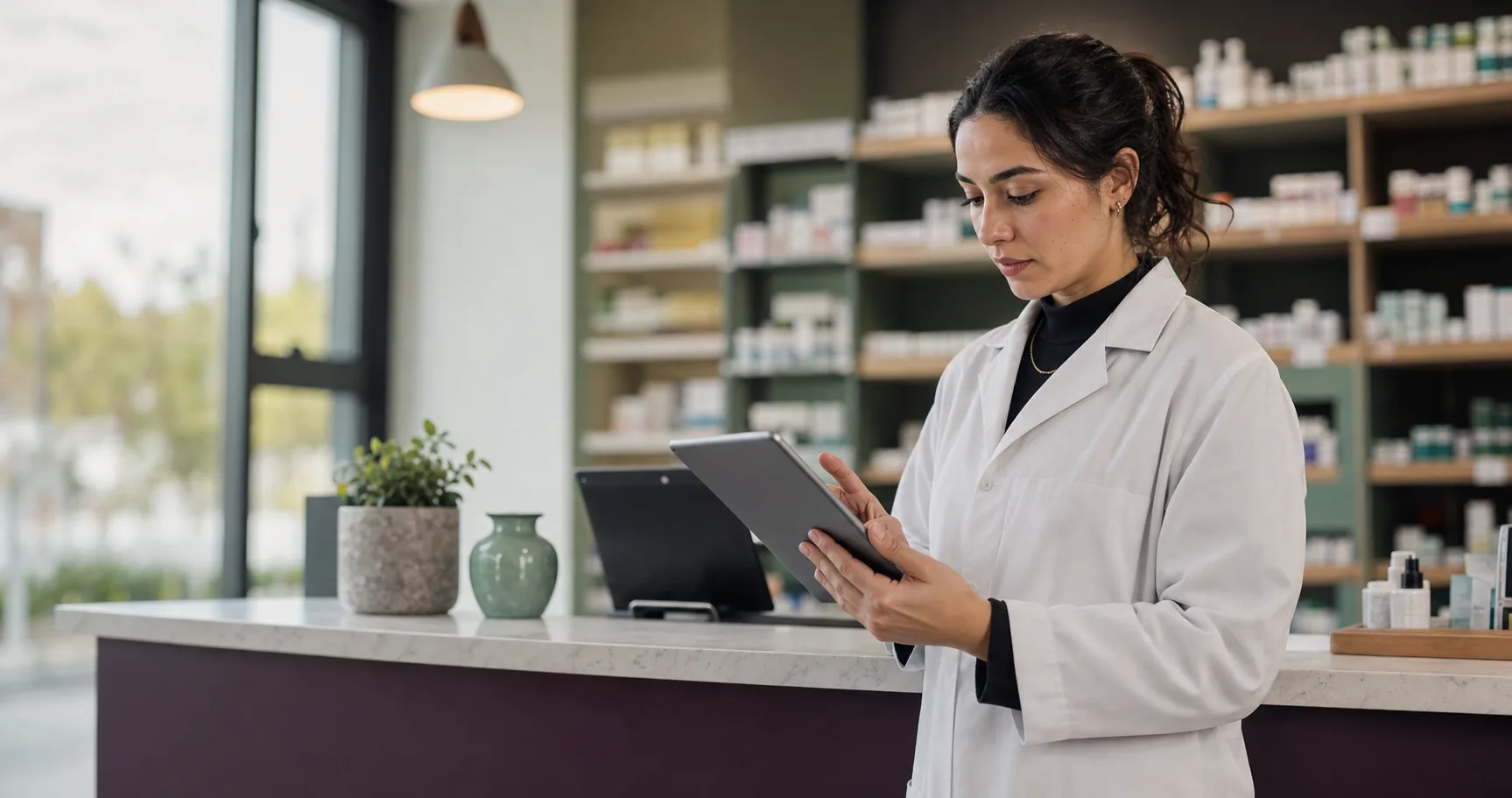 Une pharmacienne consulte une ressource clinique dans une officine